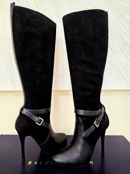 Ralph Lauren Shoes - Ralph Lauren Black Leather & Suede Knee-High Stiletto Buckle Boots - Size US 8.5